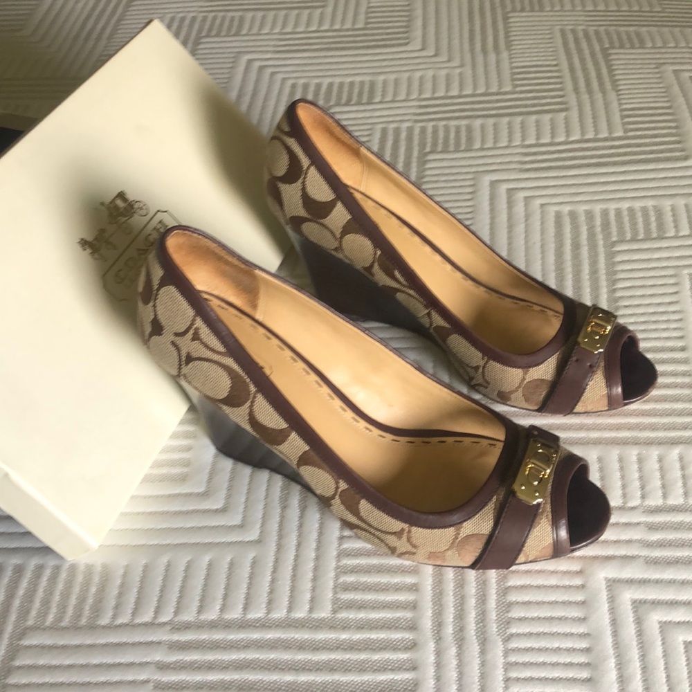 Coach brand, 4 inch wedge, peep toe shoes.